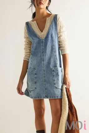 Denim V-Neck Mini Overall Dress