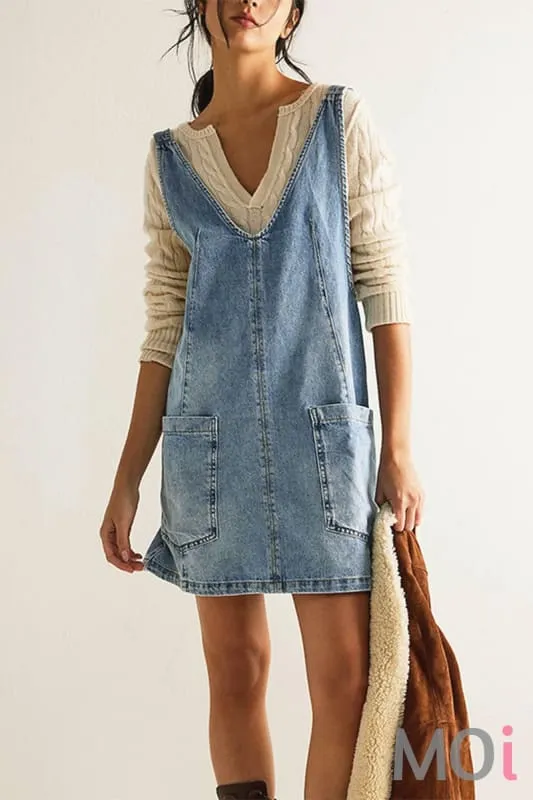 Denim V-Neck Mini Overall Dress