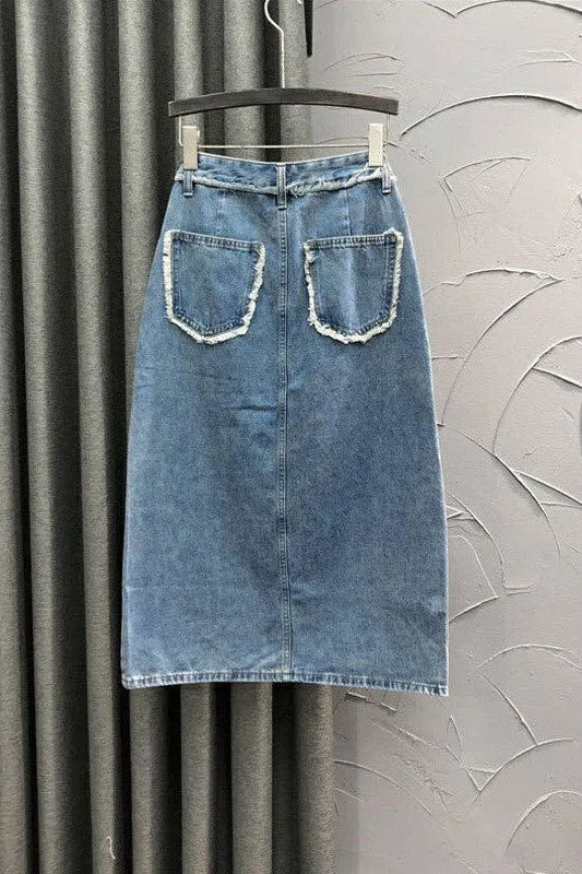 Distressed Denim Midi Skirt