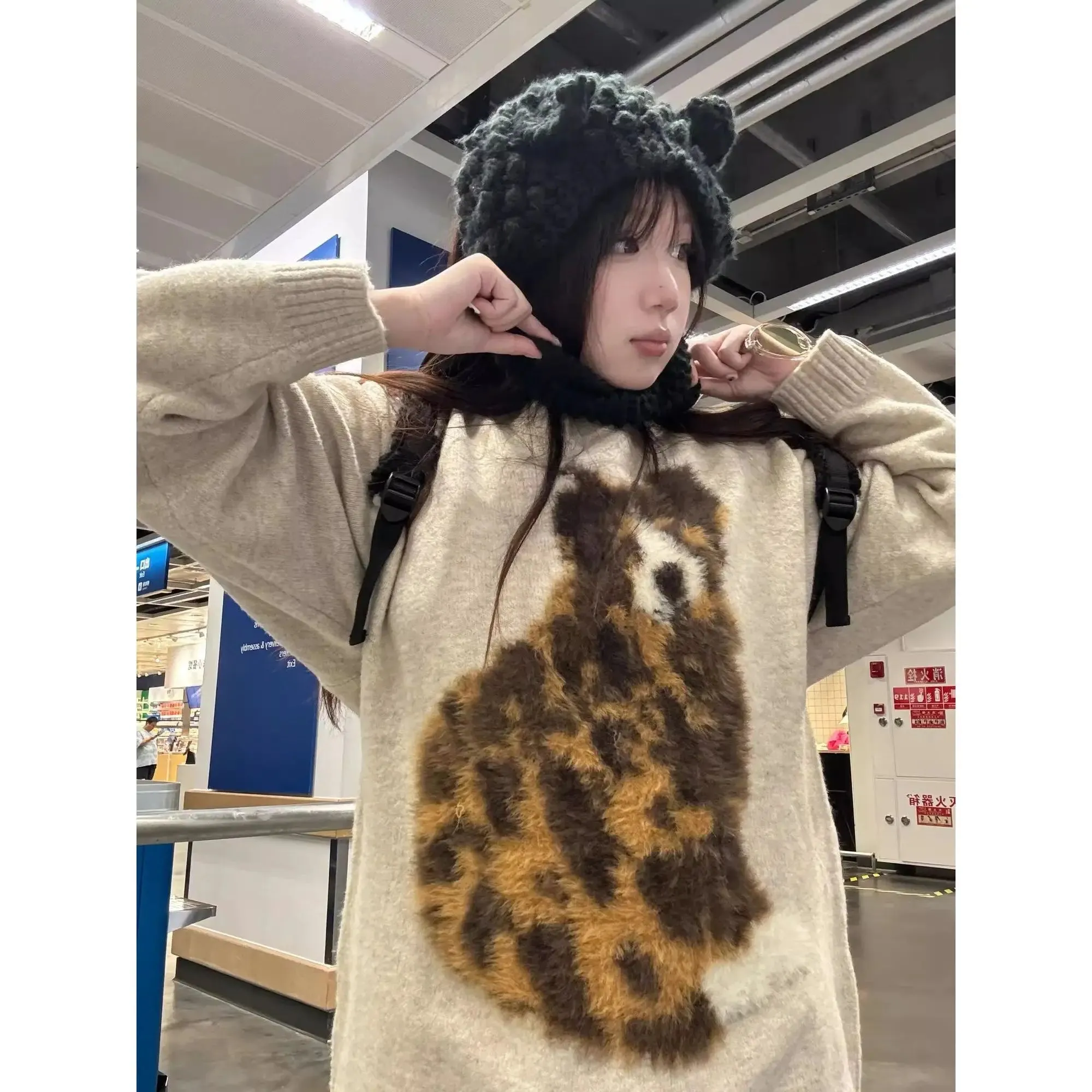 Dog Print Pullovers Women 2024 Autumn Winter Clothing Sueter Mujer Korean Jumper Casual Fashion Knitted Oversized Sweater Tops