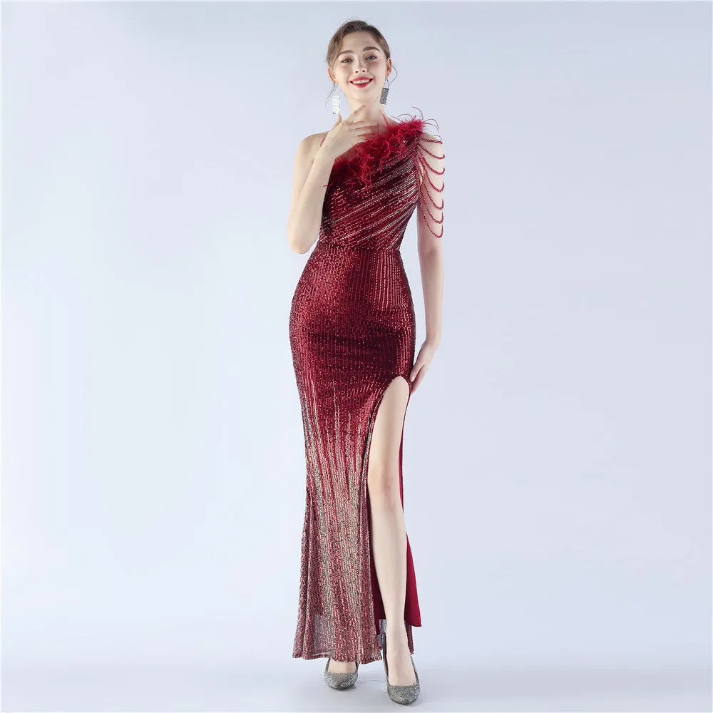 Elegant Gradient Sequin Beaded Feather Evening Dress