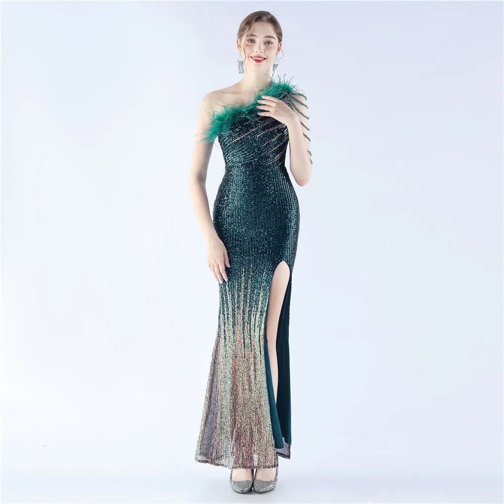 Elegant Gradient Sequin Beaded Feather Evening Dress
