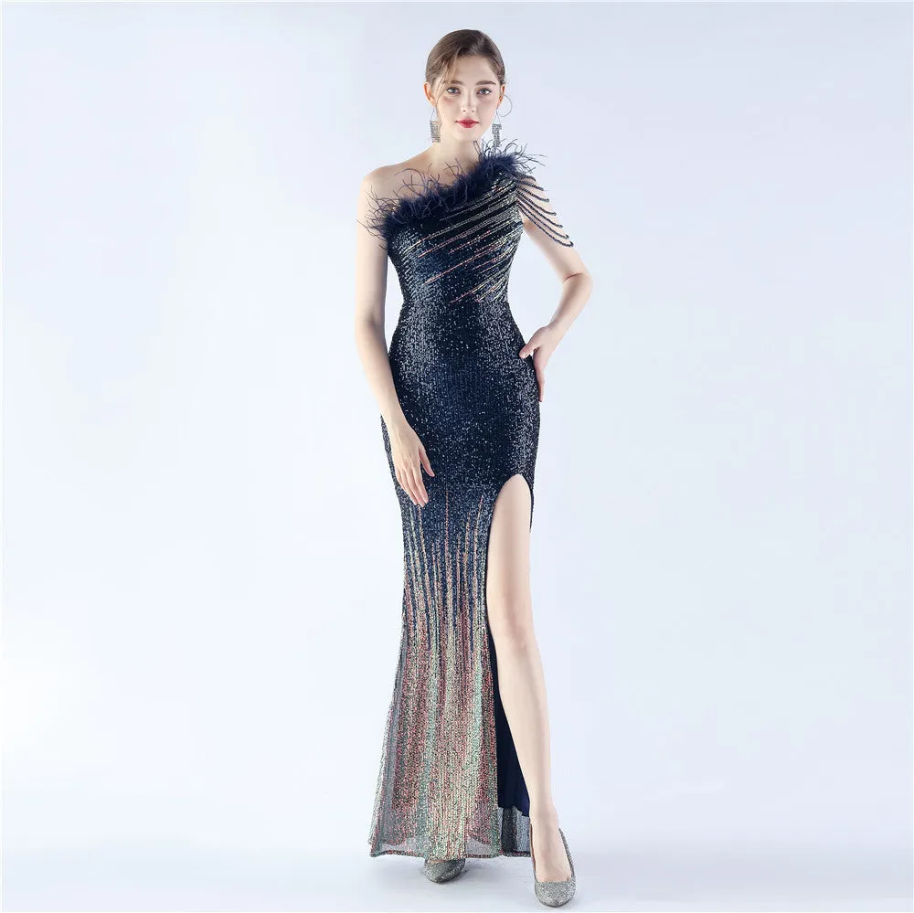 Elegant Gradient Sequin Beaded Feather Evening Dress