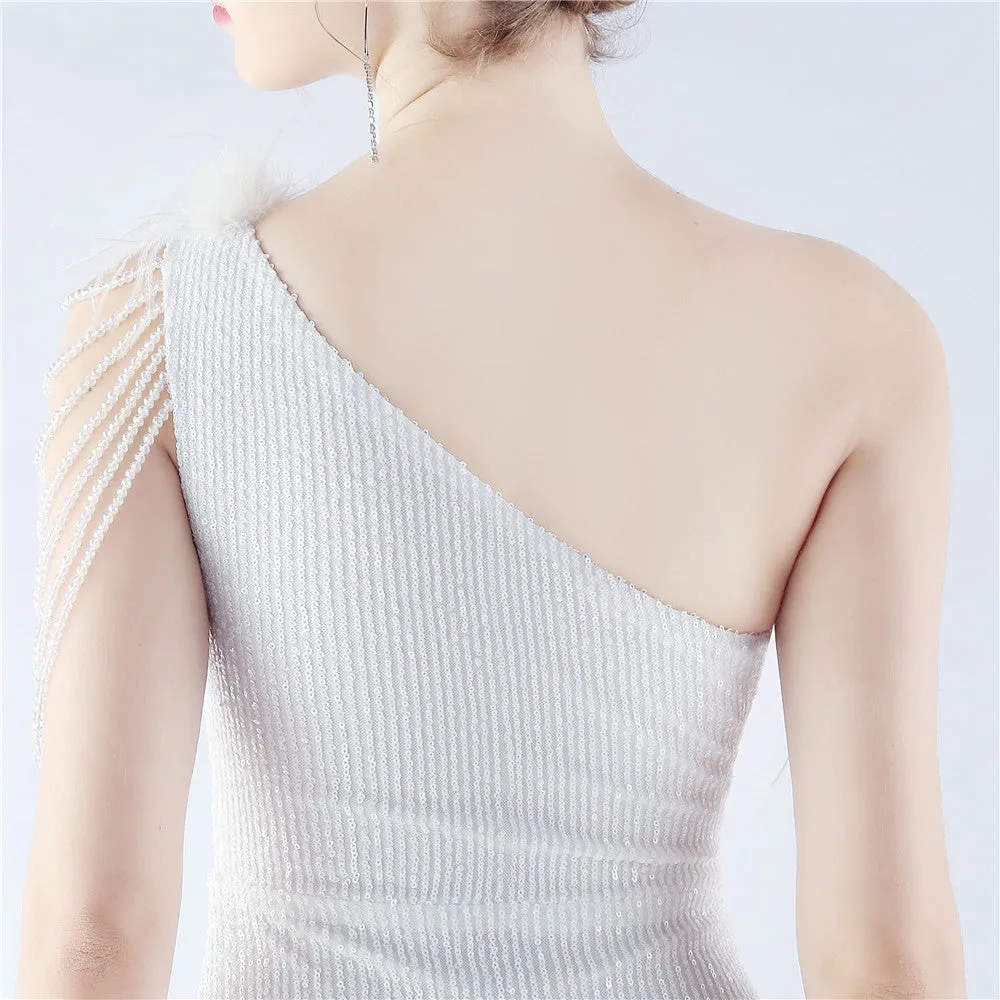 Elegant Gradient Sequin Beaded Feather Evening Dress
