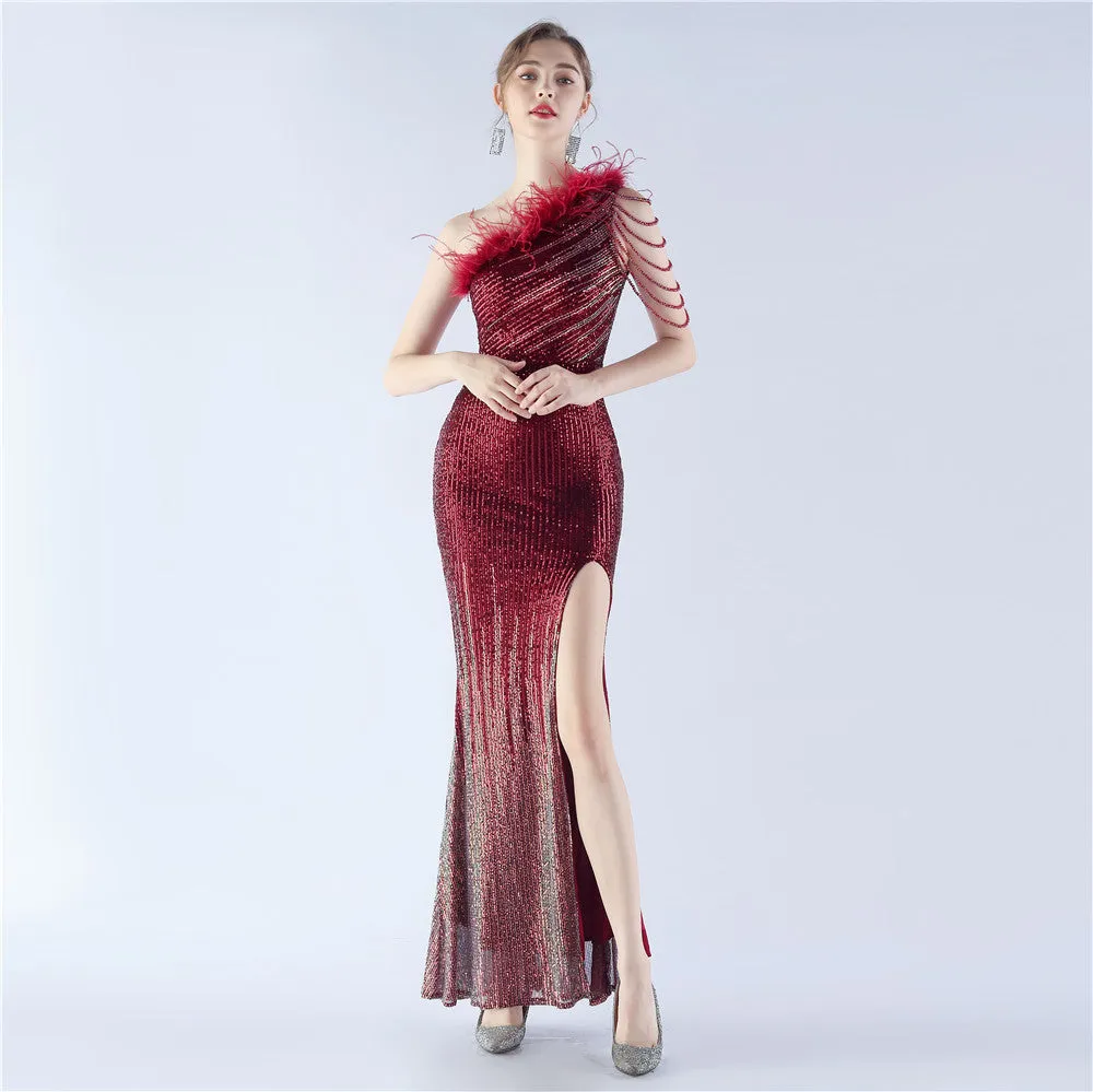 Elegant Gradient Sequin Beaded Feather Evening Dress