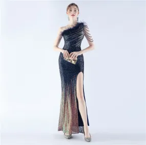 Elegant Gradient Sequin Beaded Feather Evening Dress