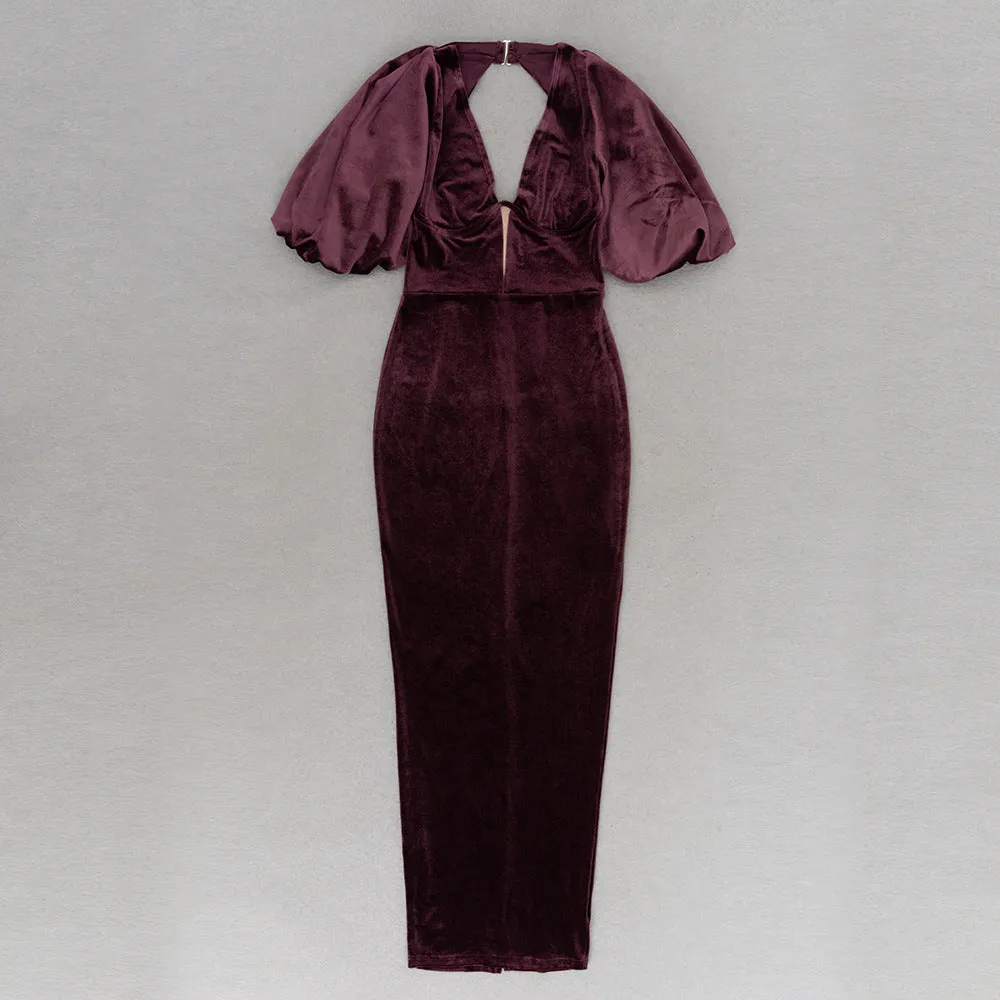 Elegant V neck Backless Short Sleeve Slim Fit Slit Formal Dress