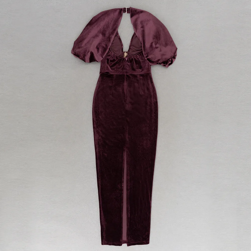 Elegant V neck Backless Short Sleeve Slim Fit Slit Formal Dress