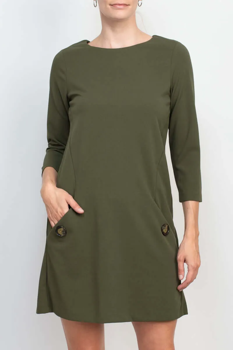 Emma & Michele Crew Neck 3/4 Sleeve Pockets Button Detail Crepe Dress