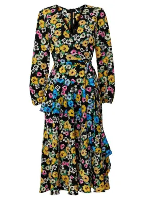 Ex Wallis Black Floral Print Tiered Wrap Midi Dress