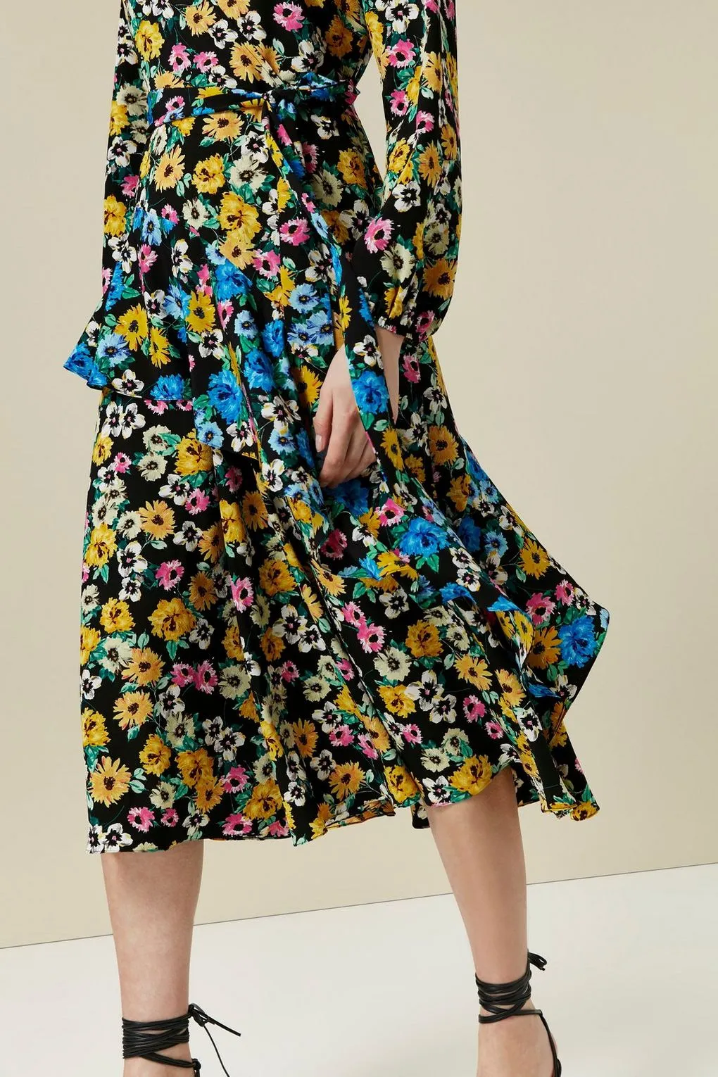 Ex Wallis Black Floral Print Tiered Wrap Midi Dress