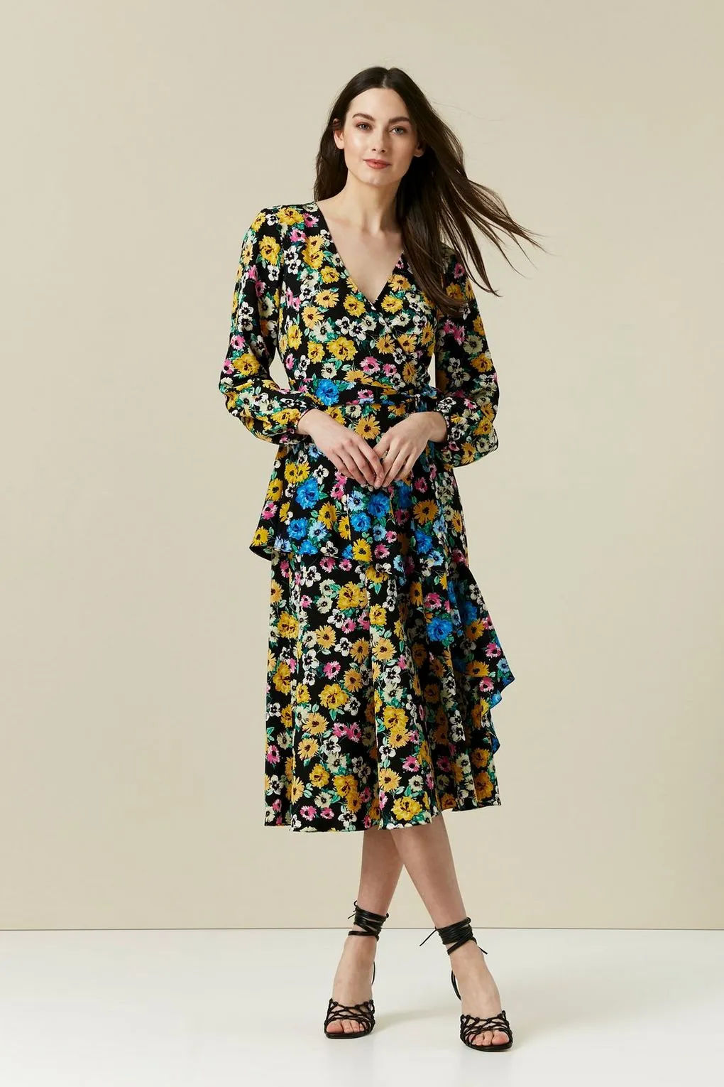 Ex Wallis Black Floral Print Tiered Wrap Midi Dress