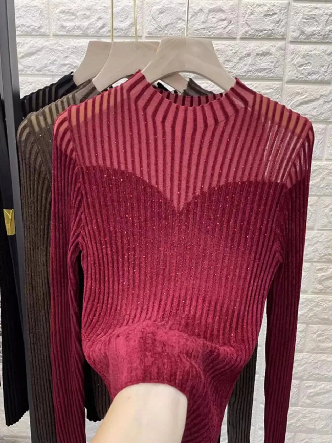 Fall Winter Slim-Fit Mesh Rhinestone Velvet Sweater for Woman High-Grade Mock Neck Sweater Knitted Top Female Pullover C-297
