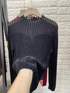 Fall Winter Slim-Fit Mesh Rhinestone Velvet Sweater for Woman High-Grade Mock Neck Sweater Knitted Top Female Pullover C-297