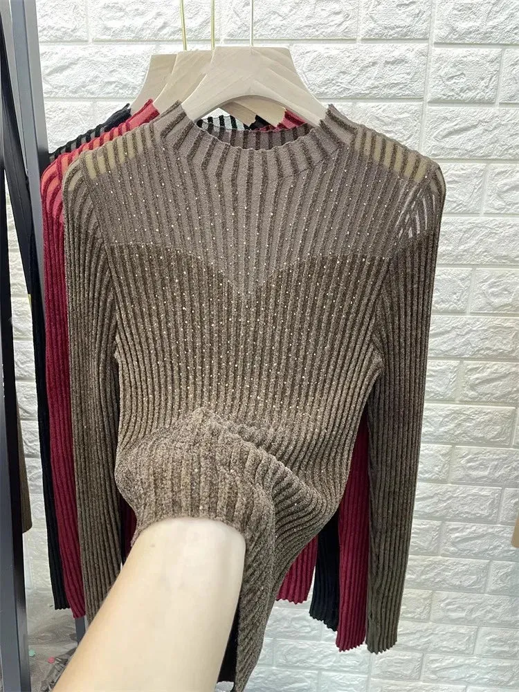 Fall Winter Slim-Fit Mesh Rhinestone Velvet Sweater for Woman High-Grade Mock Neck Sweater Knitted Top Female Pullover C-297