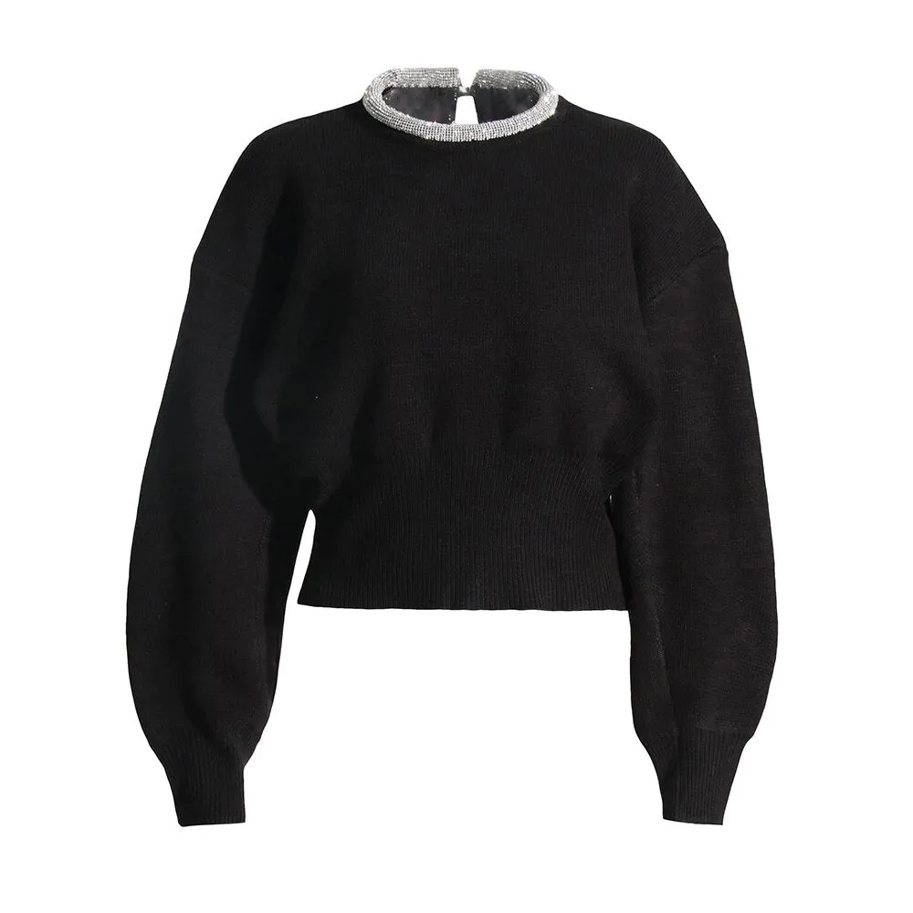 Fashion Diamonds Solid Sweater For Women Round Neck Long Sleeve Minimalist Casual Sweaters Female Clothing Autumn