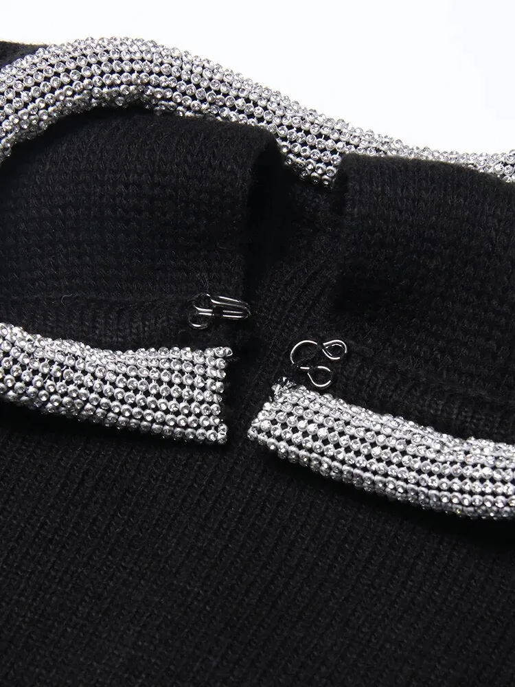 Fashion Diamonds Solid Sweater For Women Round Neck Long Sleeve Minimalist Casual Sweaters Female Clothing Autumn