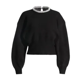 Fashion Diamonds Solid Sweater For Women Round Neck Long Sleeve Minimalist Casual Sweaters Female Clothing Autumn