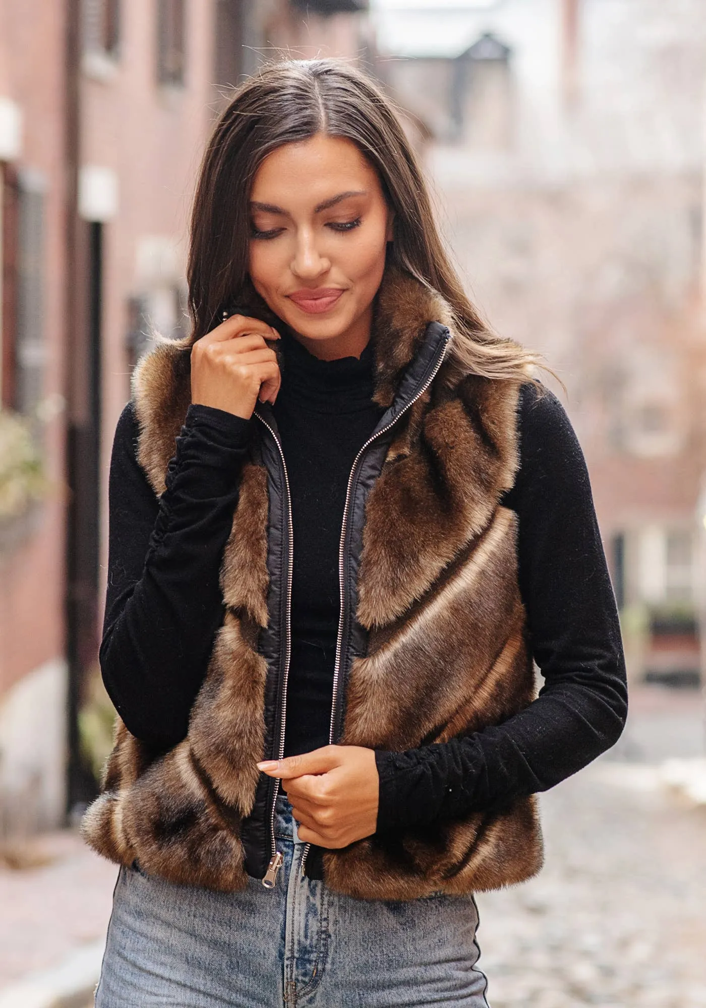 Faux Fur Reversible Chevron Shortie Vest: Sable / M