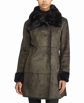 Faux-Fur-Trim Faux-Shearling Asymmetrical Coat