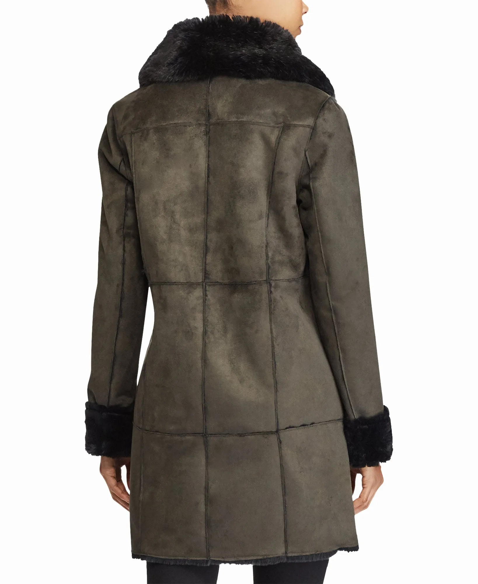 Faux-Fur-Trim Faux-Shearling Asymmetrical Coat