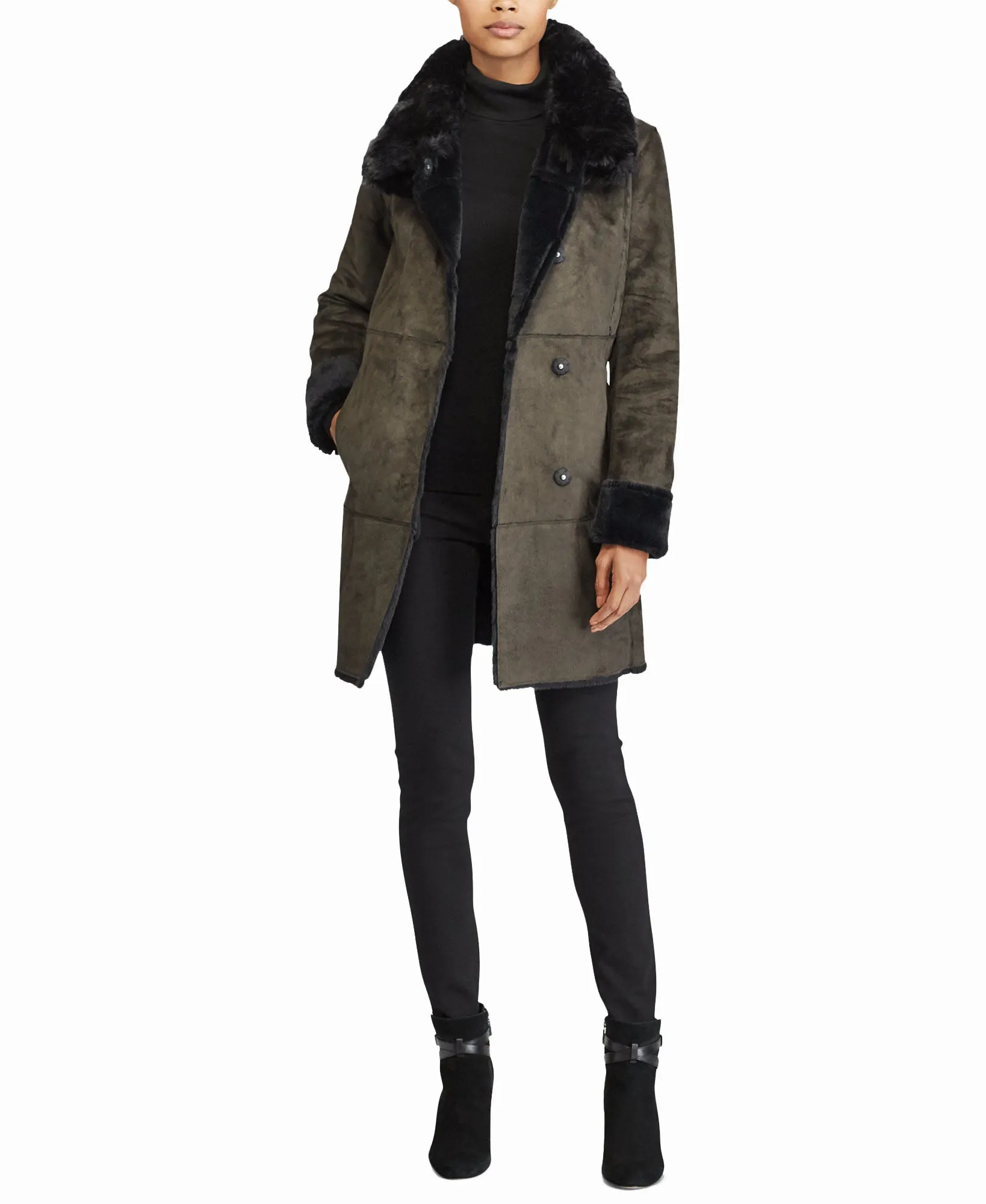 Faux-Fur-Trim Faux-Shearling Asymmetrical Coat
