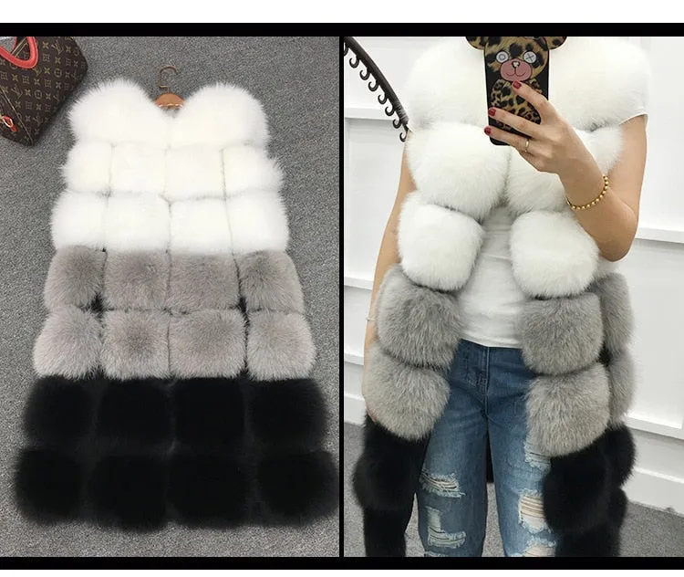 Faux Fur Vest Coat Winter Sleeveless Jacket Fox Fur Patchwork