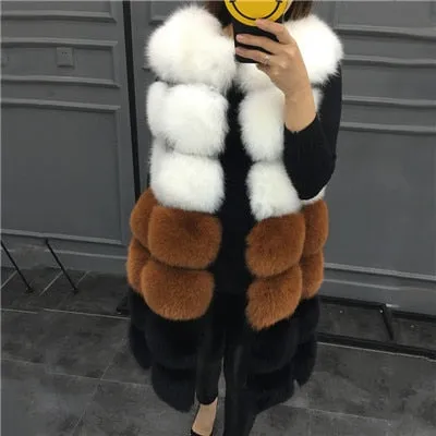 Faux Fur Vest Coat Winter Sleeveless Jacket Fox Fur Patchwork