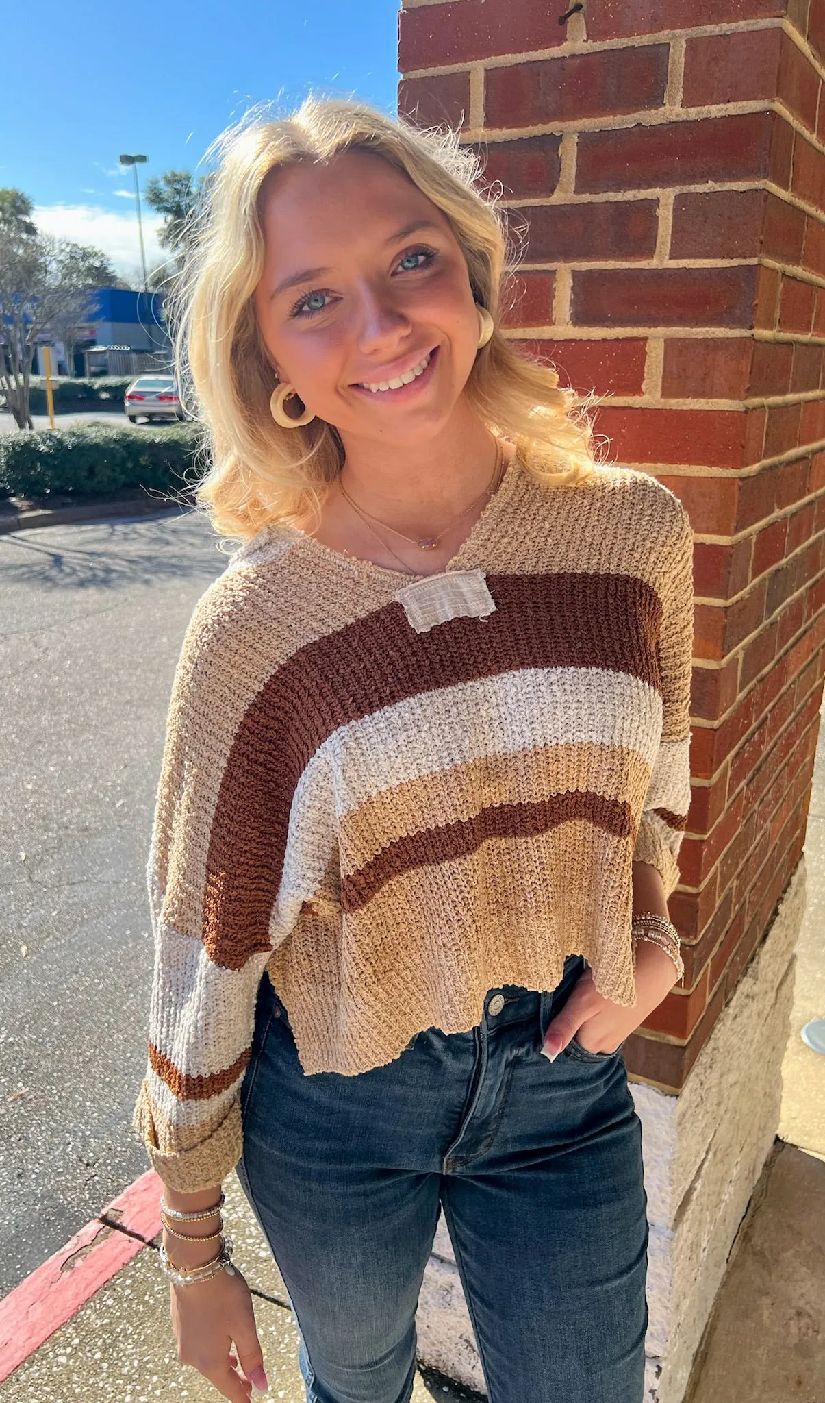 Feels Like Home Cocoa Striped Loose Fit Sweater