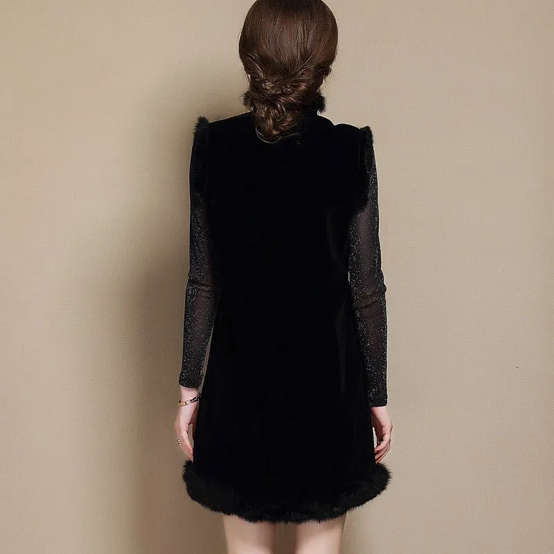 Floral Embroidery Fur Collar & Edge Knee Length Chinese Waistcoat Vest