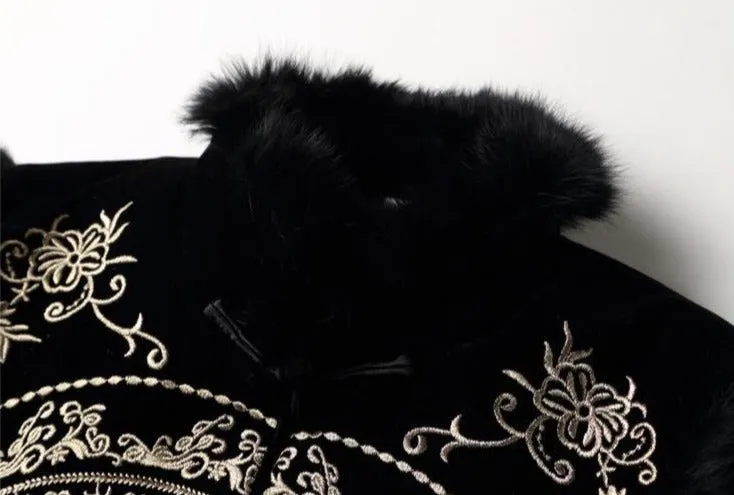 Floral Embroidery Fur Collar & Edge Knee Length Chinese Waistcoat Vest