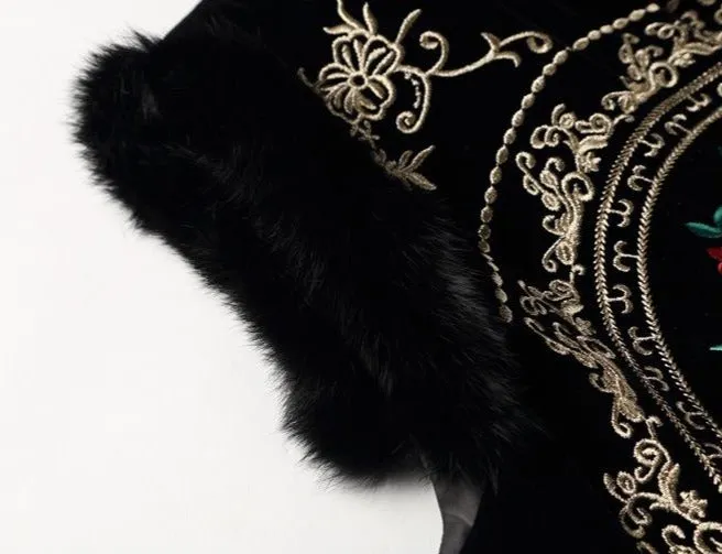 Floral Embroidery Fur Collar & Edge Knee Length Chinese Waistcoat Vest