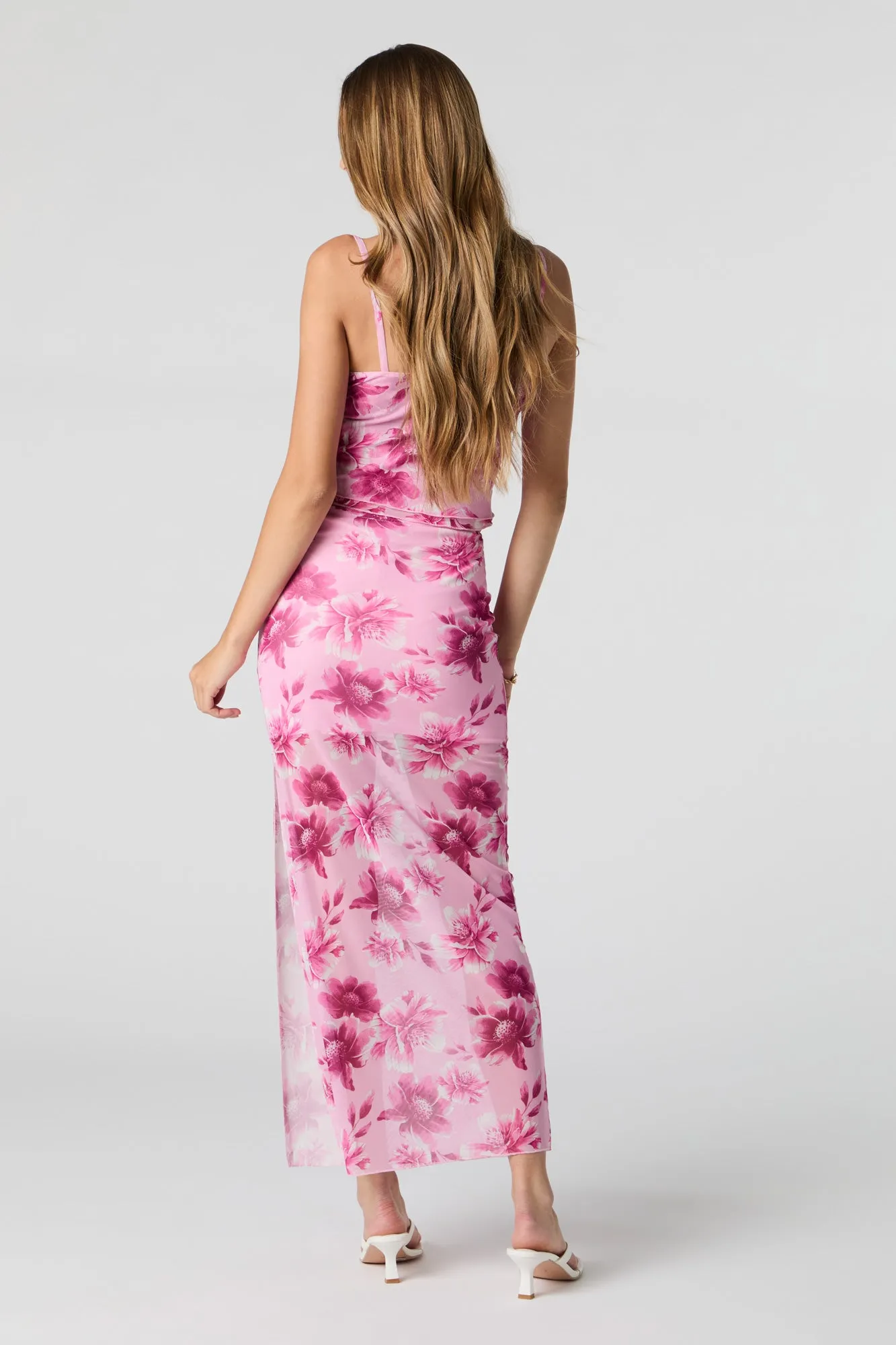 Floral Mesh Slit Maxi Skirt