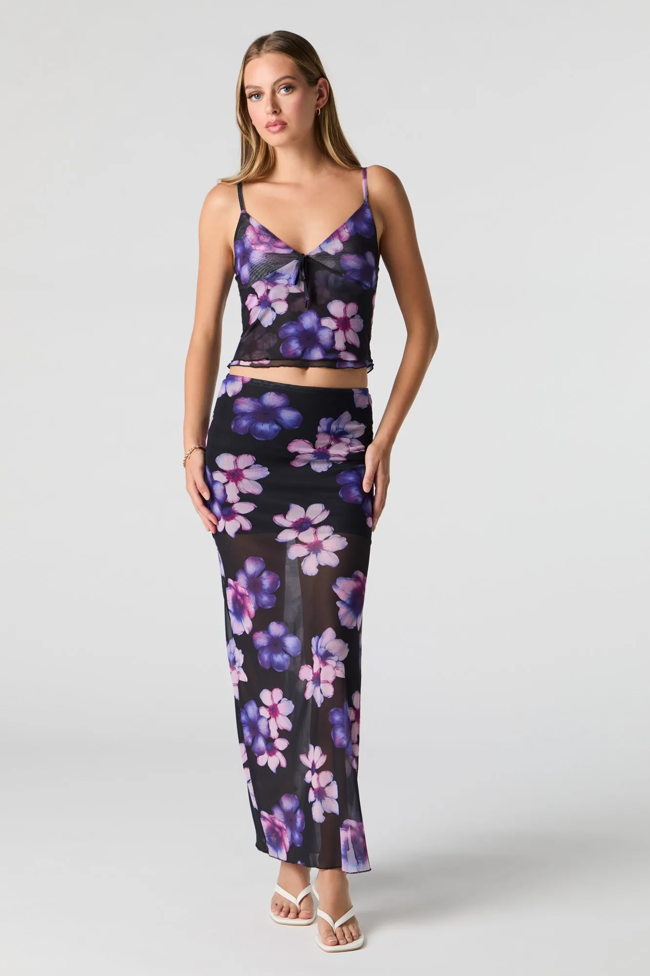 Floral Mesh Slit Maxi Skirt
