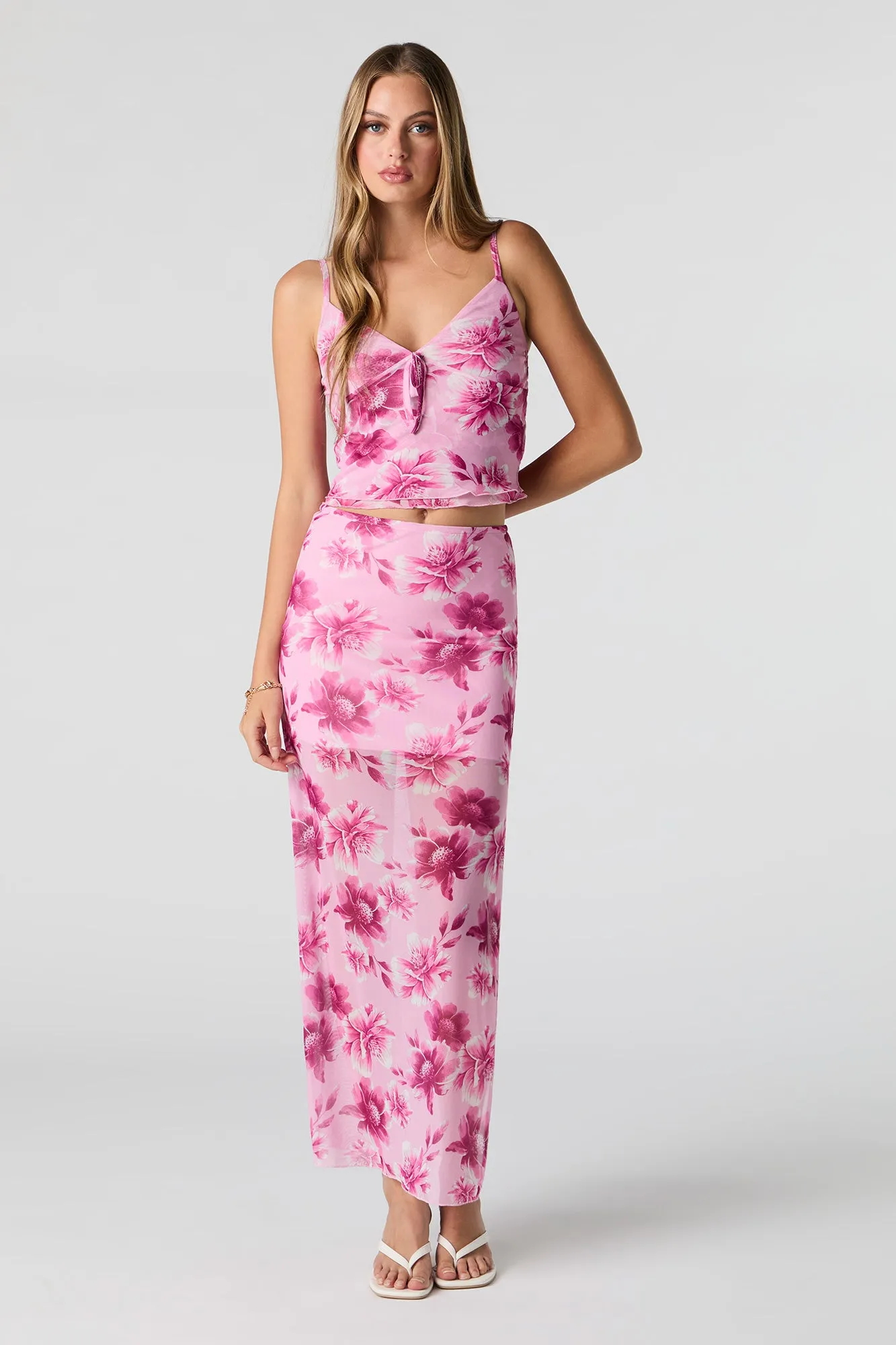 Floral Mesh Slit Maxi Skirt