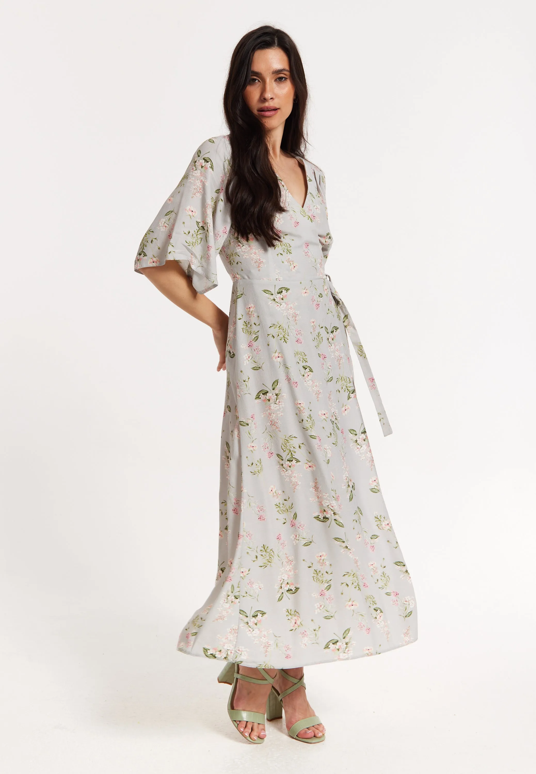 Floral Print Kimono Sleeve Wrap Maxi Dress