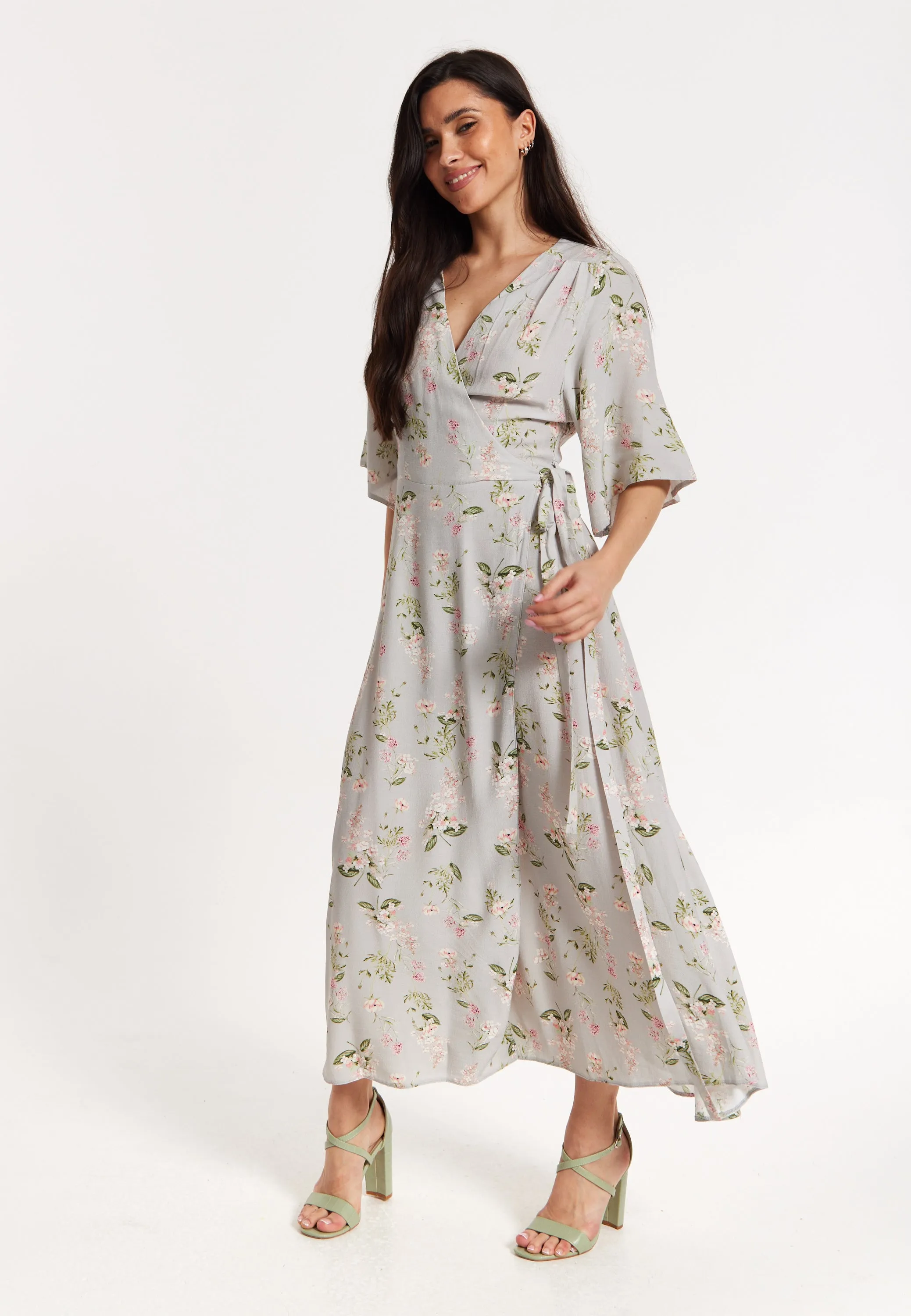 Floral Print Kimono Sleeve Wrap Maxi Dress