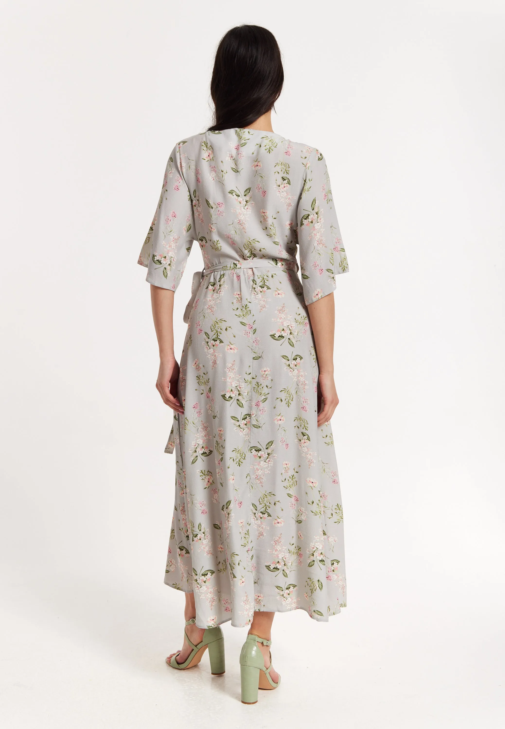 Floral Print Kimono Sleeve Wrap Maxi Dress