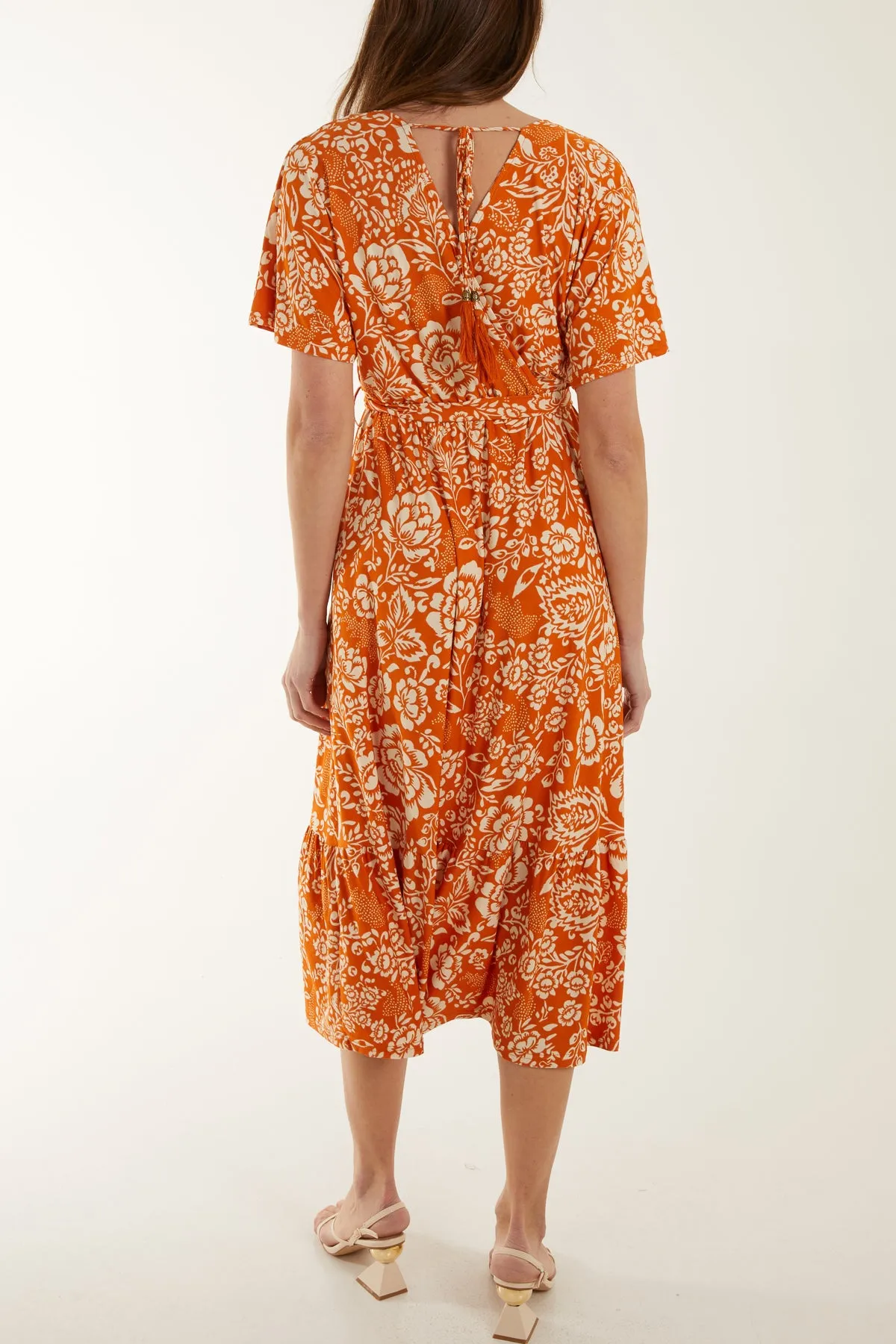 Floral Print Wrap Tie Stretch Midi Dress