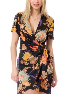 Floral Short Sleeve Satin Surplice Wrap Waist Tie Dress