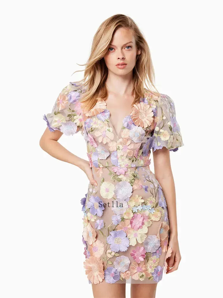 Flower Embroidered Print Puff Sleeve High Waist Dress