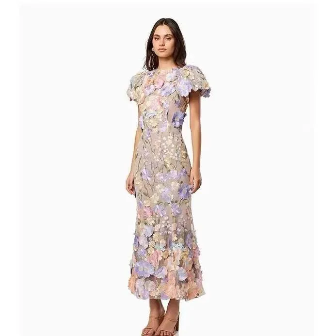 Flower Embroidered Print Puff Sleeve High Waist Dress
