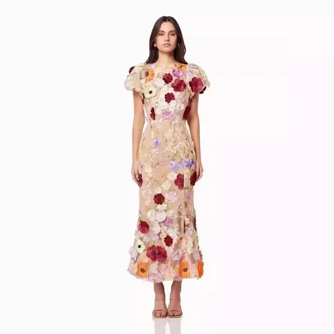 Flower Embroidered Print Puff Sleeve High Waist Dress