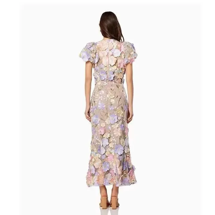 Flower Embroidered Print Puff Sleeve High Waist Dress