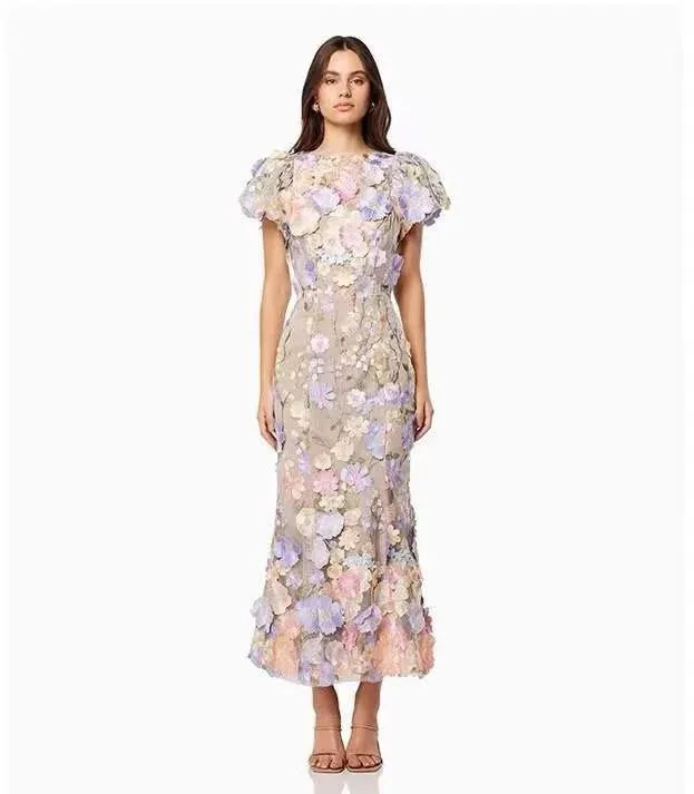 Flower Embroidered Print Puff Sleeve High Waist Dress