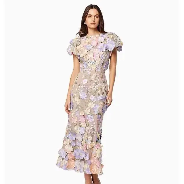 Flower Embroidered Print Puff Sleeve High Waist Dress