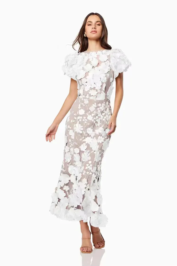 Flower Embroidered Print Puff Sleeve High Waist Dress