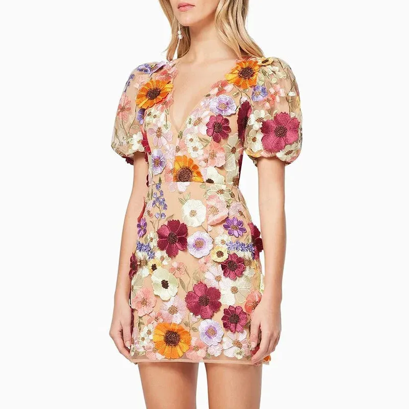 Flower Embroidered Print Puff Sleeve High Waist Dress