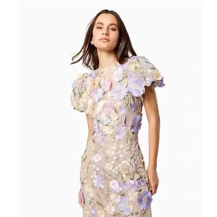 Flower Embroidered Print Puff Sleeve High Waist Dress