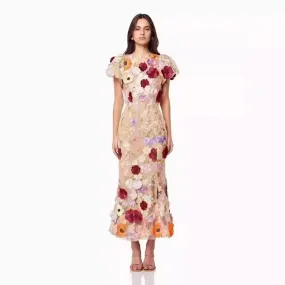 Flower Embroidered Print Puff Sleeve High Waist Dress
